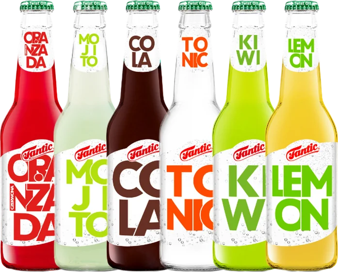 Napoje gazowane Fantic w szklanych butelkach — oranżada, mojito, cola, tonic, kiwi i lemon