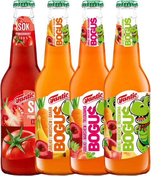 Soki przecierowe Fantic i Boguś w szklanych butelkach 330 ml