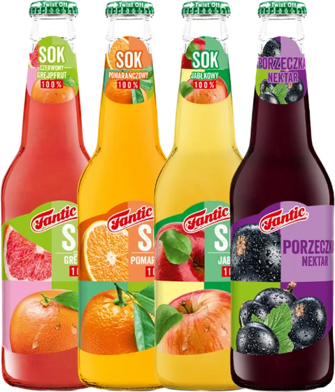 Soki 100% Fantic w szklanych butelkach — grejpfrut, pomarańcza, jabłko i czarna porzeczka